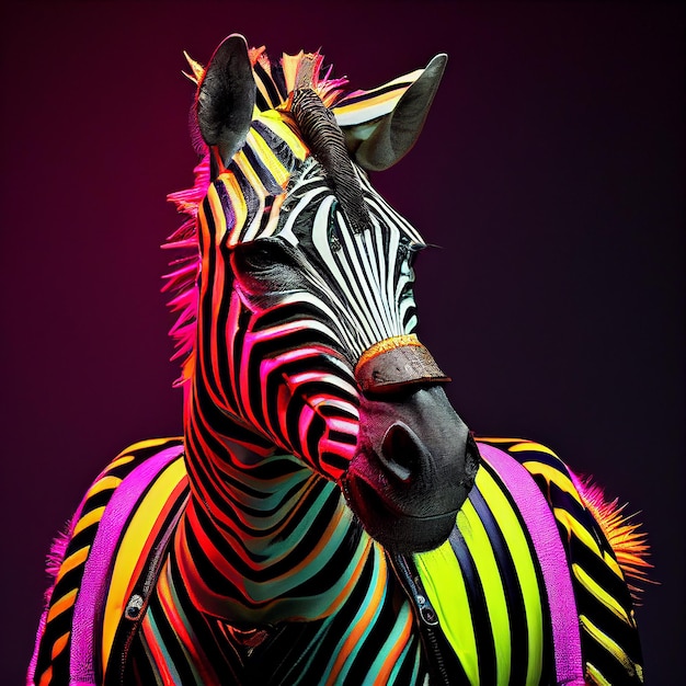 Una zebra con strisce colorate è in piedi davanti a uno sfondo viola.