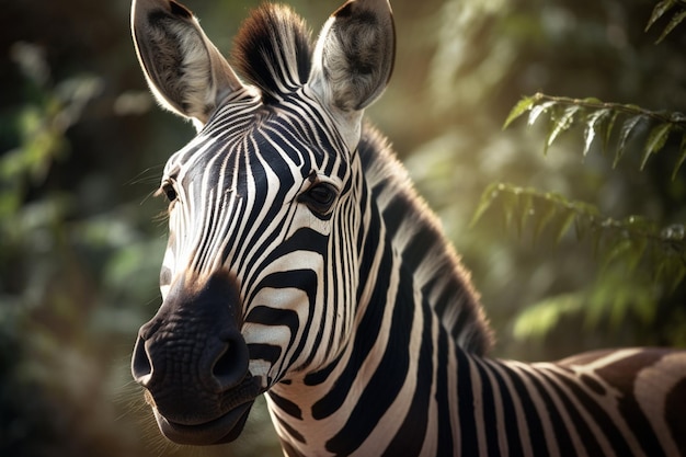 Una zebra con una striscia nera sulla faccia si trova davanti a un albero.