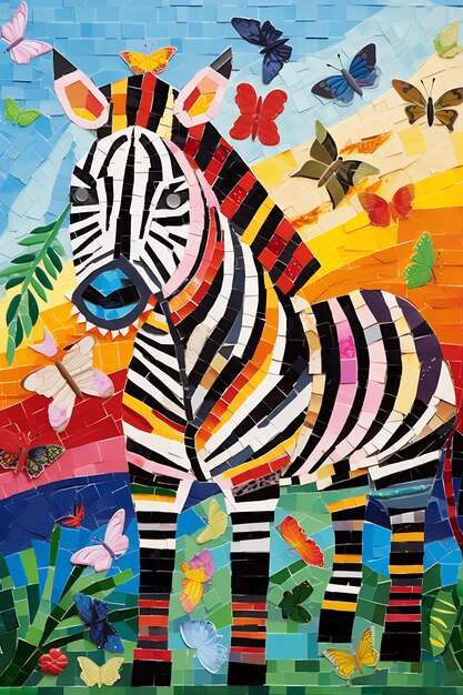 una zebra è circondata da farfalle colorate