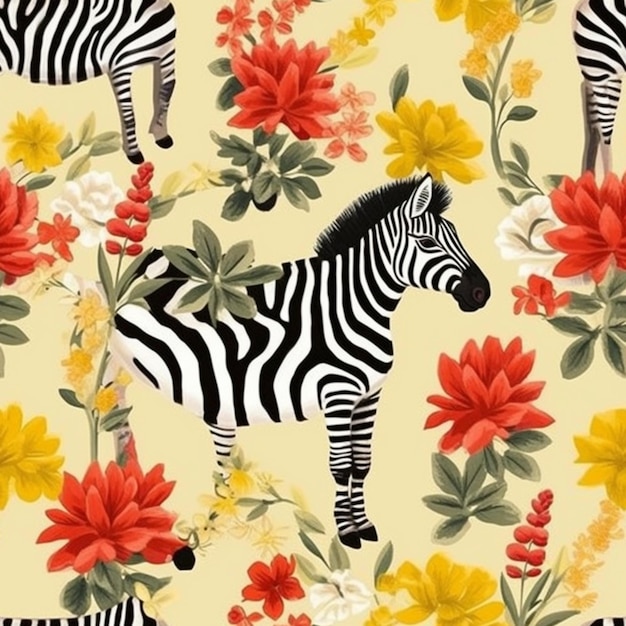 Una zebra e fiori su uno sfondo giallo