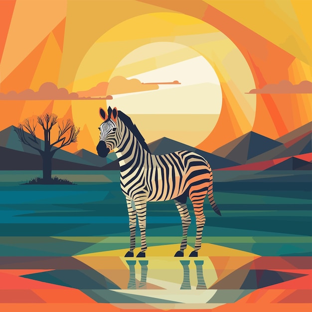 Una zebra è in piedi in una pozzanghera con il sole dietro di lei.
