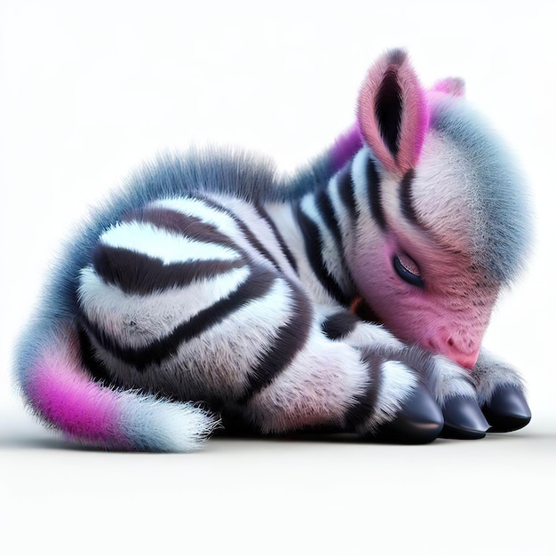 Una zebra fuzzy con strisce nere e rosa dorme su uno sfondo bianco.