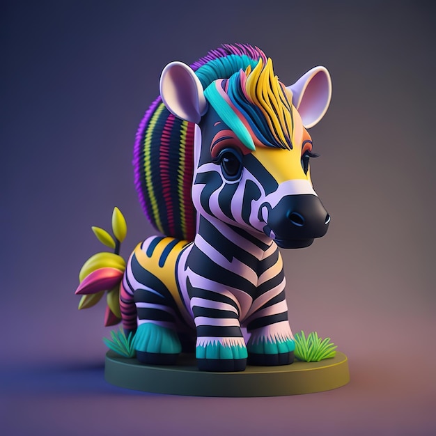 Una zebra giocattolo con criniera e coda arcobaleno è in piedi su una base rotonda.