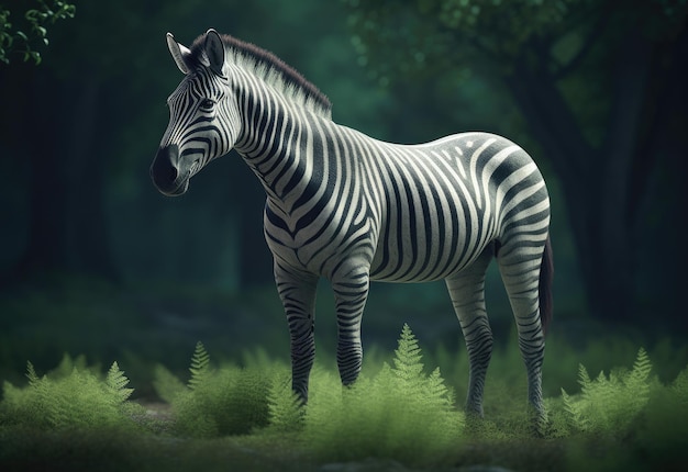 Una zebra in piedi in una foresta con uno sfondo verde e la parola zebra su di essa.