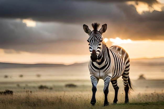 Una zebra in un campo con un cielo nuvoloso