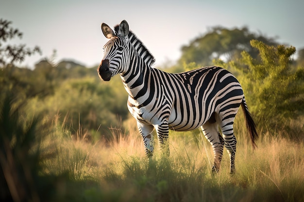 Una zebra si trova in un campo di erba alta.