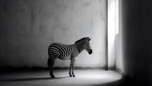 Una zebra si trova in una stanza buia illuminata da una luce.