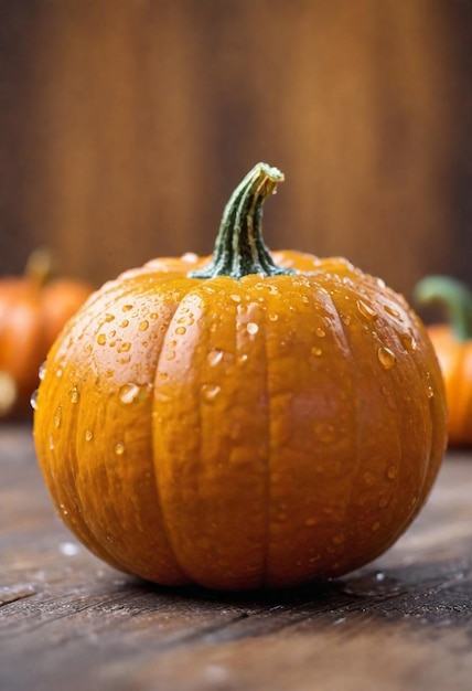 una zucca con gocce d'acqua su di essa si siede su un tavolo di legno