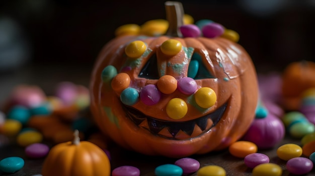 Una zucca con sopra una caramella e una barretta di cioccolato sullo sfondo.