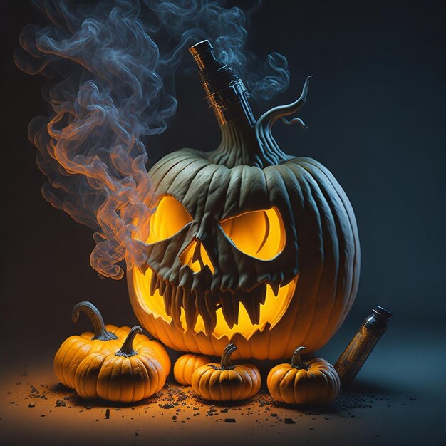 una zucca con una candela sopra e una zucca da cui esce del fumo.