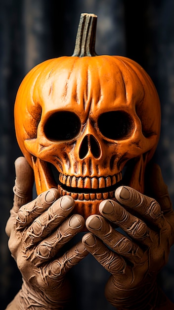 Una zucca di Halloween a forma di teschio sulle mani di cera concetto di Halloween