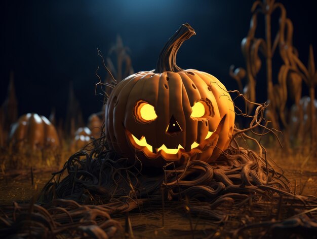 Una zucca di Halloween con gli occhi ardenti nel buio