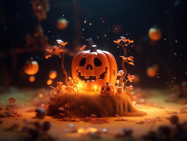 Una zucca di Halloween con un albero nel mezzo