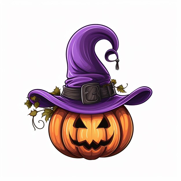 Una zucca di Halloween con un cappello viola e un cappellino viola.