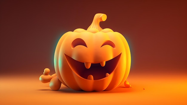 Una zucca di Halloween con un volto sorridente su uno sfondo arancione.