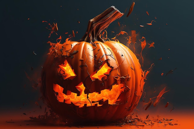 Una zucca di Halloween con una faccia fatta di fiamme