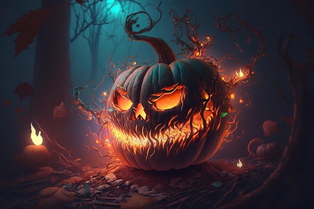 Una zucca di Halloween con una faccia spettrale e le parole Halloween su di essa.