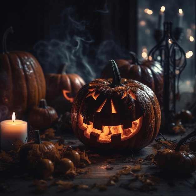 Una zucca di Halloween con una faccia sul davanti e candele sullo sfondo