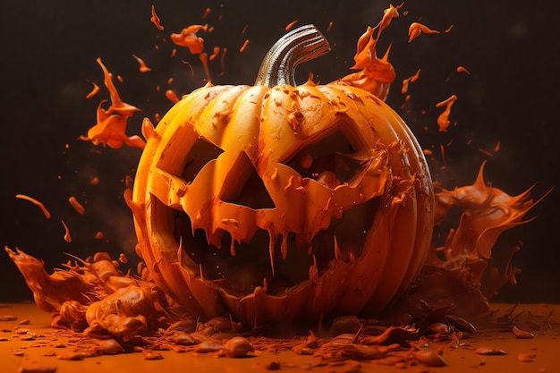 Una zucca di Halloween con uno schizzo di liquido che ne esce