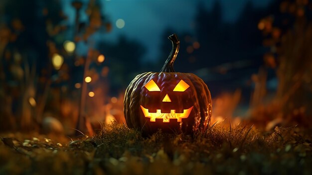 Una zucca di Halloween si trova davanti a un fuoco di notte.