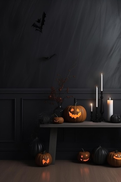 Una zucca di Halloween si trova su un tavolo davanti a un muro nero con candele e pipistrelli.