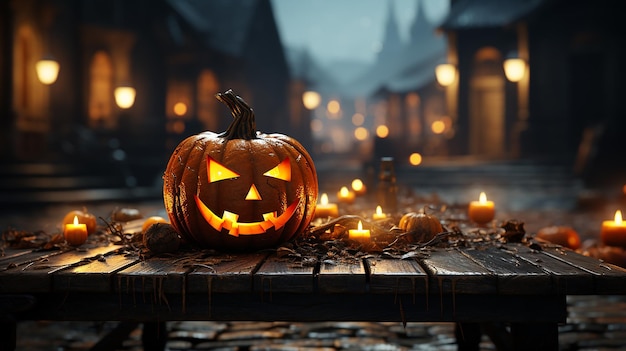 Una zucca di Halloween spettrale Jack e Lanterna un volto malvagio e gli occhi su una panca di legno IA generativa