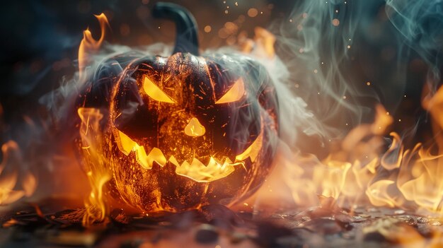 una zucca di Halloween sta bruciando in fiamme