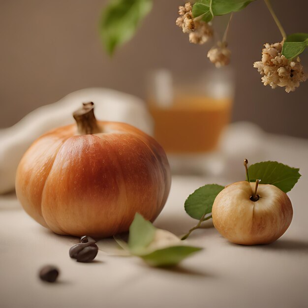 una zucca e un grappolo di uva sono su un tavolo