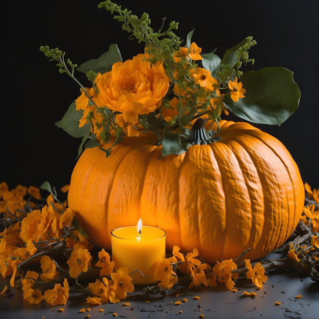 Una zucca e una candela sono circondate da fiori d'arancio e fiori d'arancio.