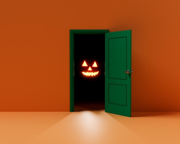 Una zucca luminosa di Halloween messa in una stanza buia