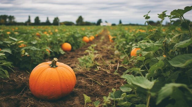 una zucca nel campo con uno sfondo sfocato in un giorno nuvoloso