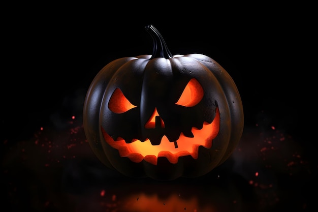 Una zucca nera con una faccia spaventosa su sfondo nero