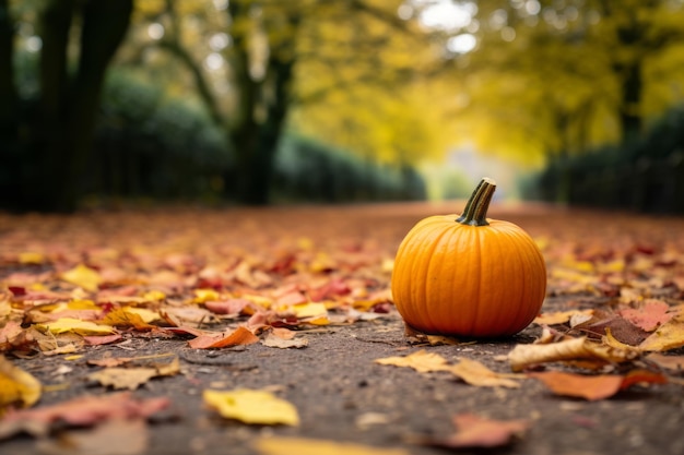 una zucca si trova a terra circondata da foglie autunnali