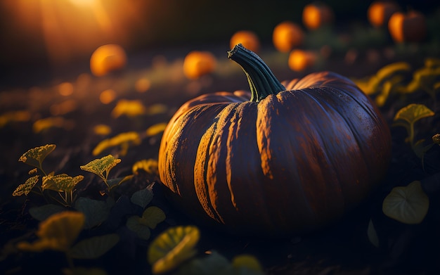 Una zucca si trova a terra davanti a un campo di fiori.