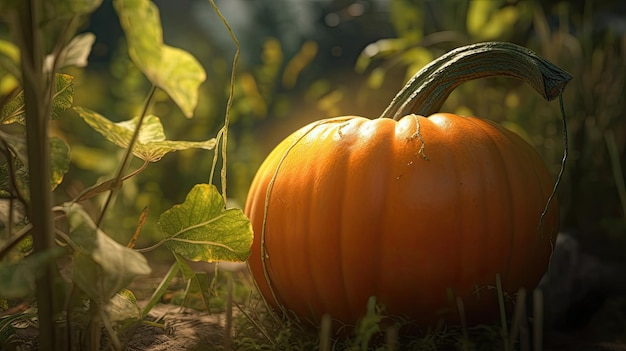 Una zucca si trova in un campo di fronte a un albero con foglie sullo sfondo.