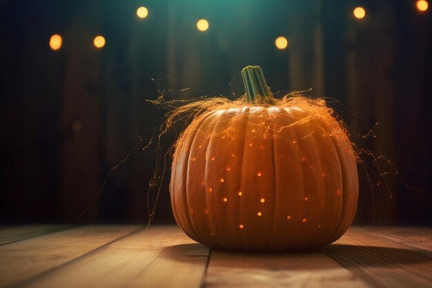 Una zucca si trova su un pavimento di legno con luci sullo sfondo.