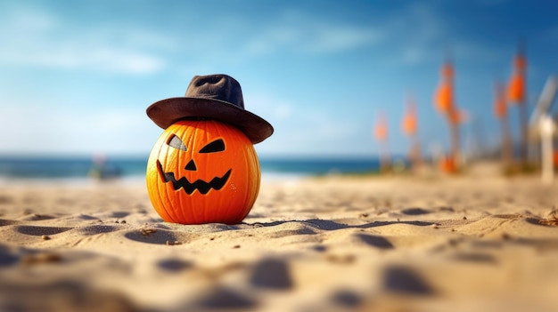 Una zucca sulla spiaggia con sopra un cappello