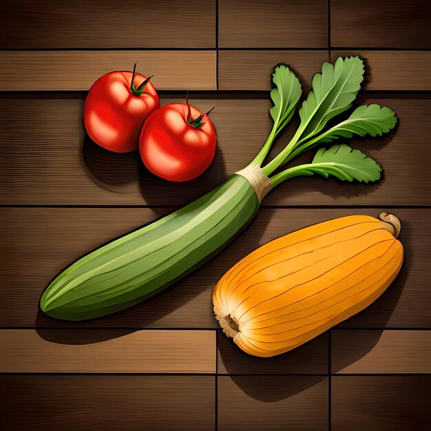 Una zucca verde e due pomodori sono adagiati su una superficie di legno.