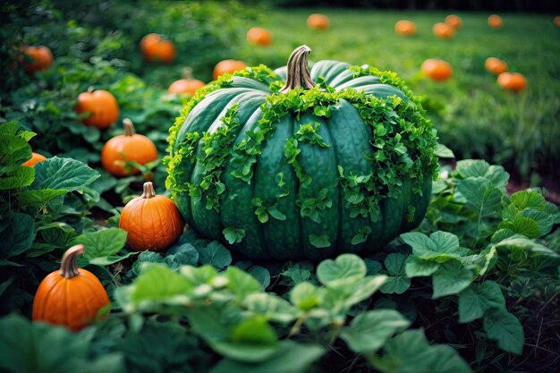 Una zucca verde vivace tra foglie lussureggianti