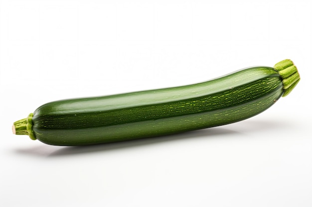 una zucchina verde su una superficie bianca