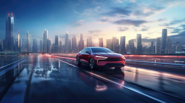 Unbrand auto elettronica che guida ad alta velocità sulla strada della città futuristica