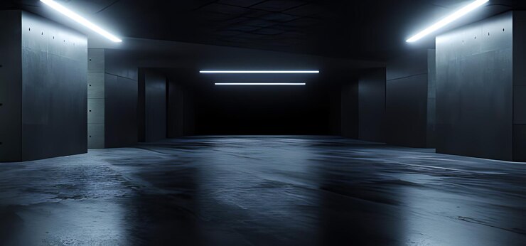 Underground Sci Fi Cemento cemento sfondo scuro riflettente showroom parcheggio luci bianche