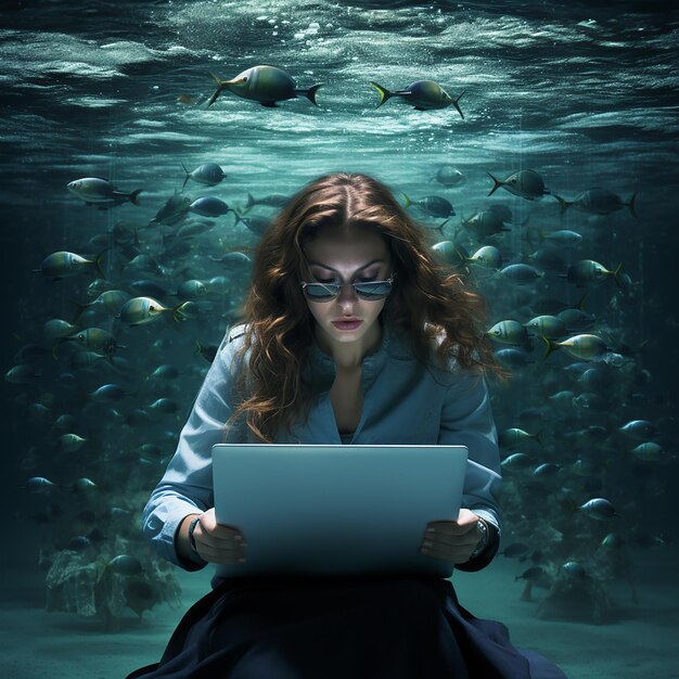 Underwater Tech World Woman con Laptop Mixed Media