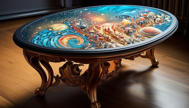 Une petite table basse dans une pièce d'un noble d'un universo medievale fantasy et tous ca dans un s