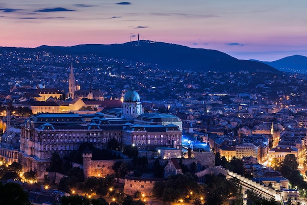 Ungheria, Budapest, Castello di Buda nel paesaggio urbano serale