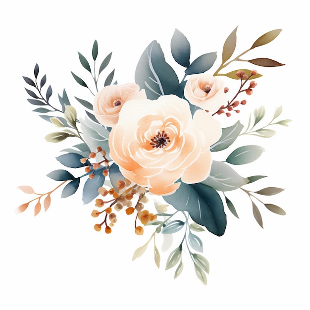 unica acquerello clip art blu e rosa tema floreale con foglie carta d'invito di matrimonio