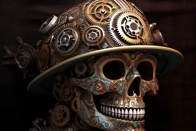 Unica arte digitale del giorno dei morti Steampunk Skull Generative AI