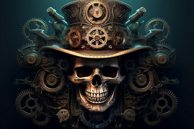 Unica arte digitale del giorno dei morti Steampunk Skull Generative AI