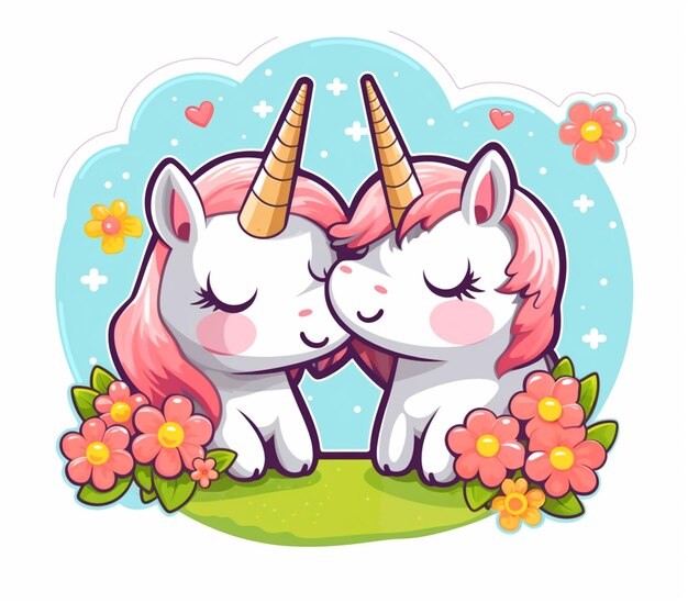 unicorni cartoni animati con fiori e cuori sullo sfondo