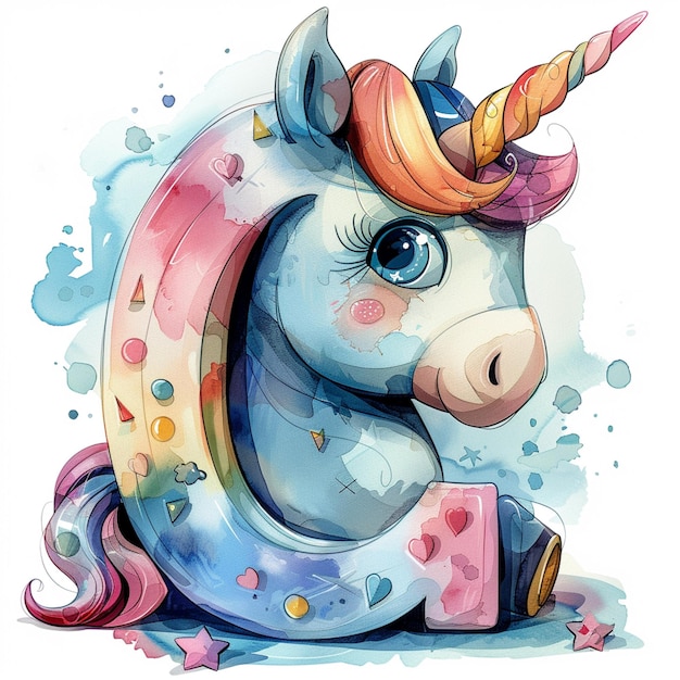 unicorno a cartoni animati con una criniera colorata e una craniera rosa